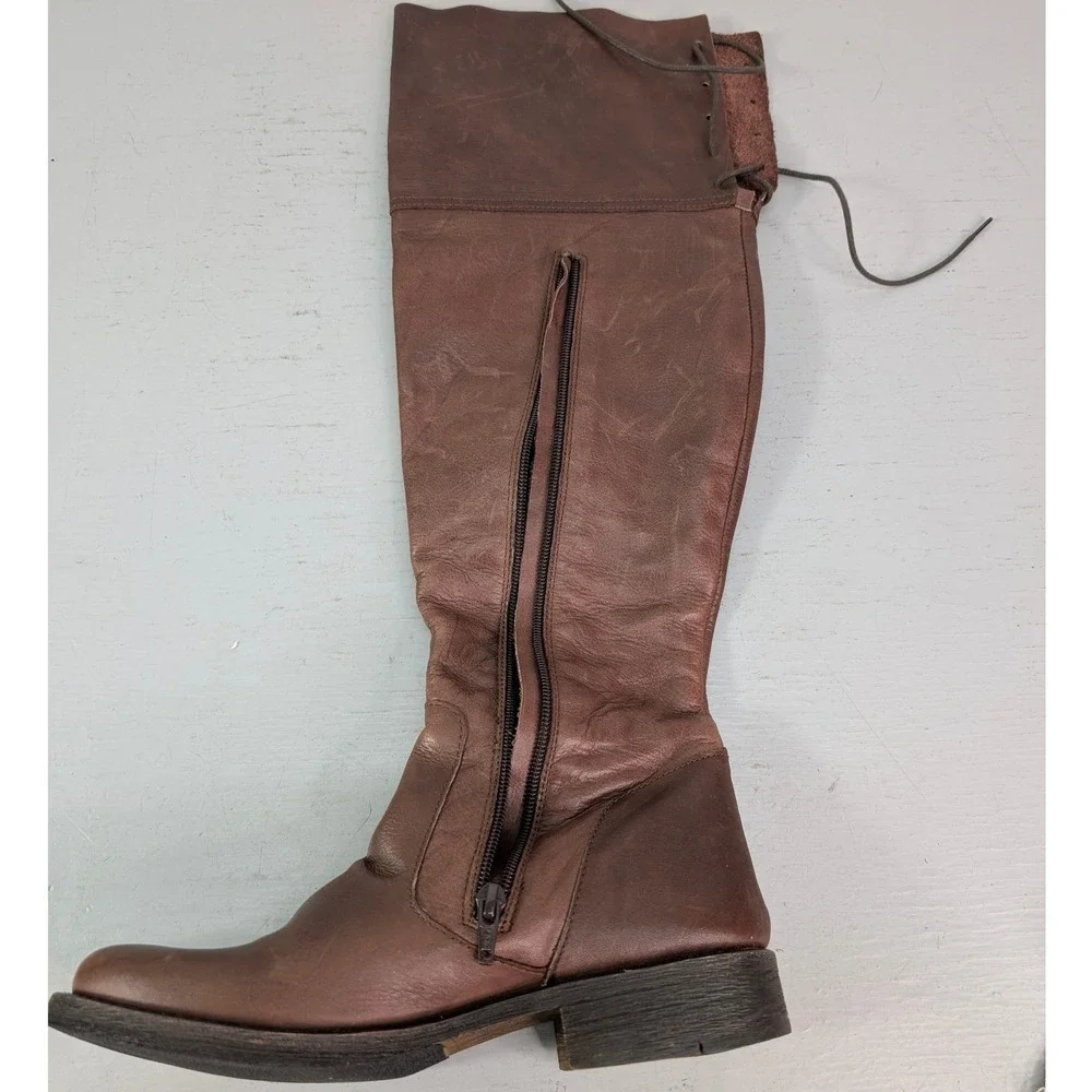 Steve Madden Omegaa Knee High Leather Boots‎ Womens Sz 8 Brown Lace Up Back Boho